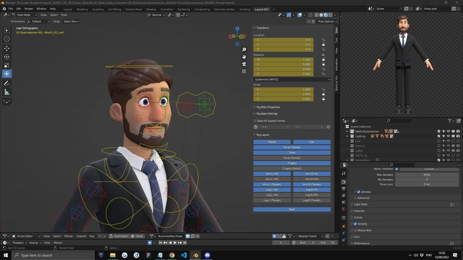 Cartoon Business Man Character rigged character in Blender workspace showing file formats